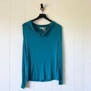 Trina Turk Long Sleeve Pima Cotton Cowl Neck Teal Blue Green Super Soft